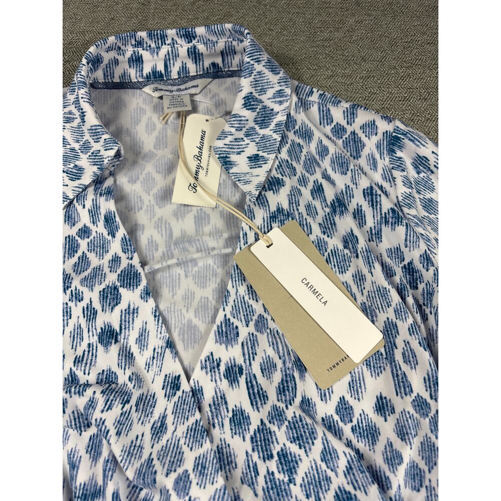 Tommy Bahama Carmela Dress S Blue White Ikat Print Split Neck Coastal Beach NWT - Picture 2 of 14